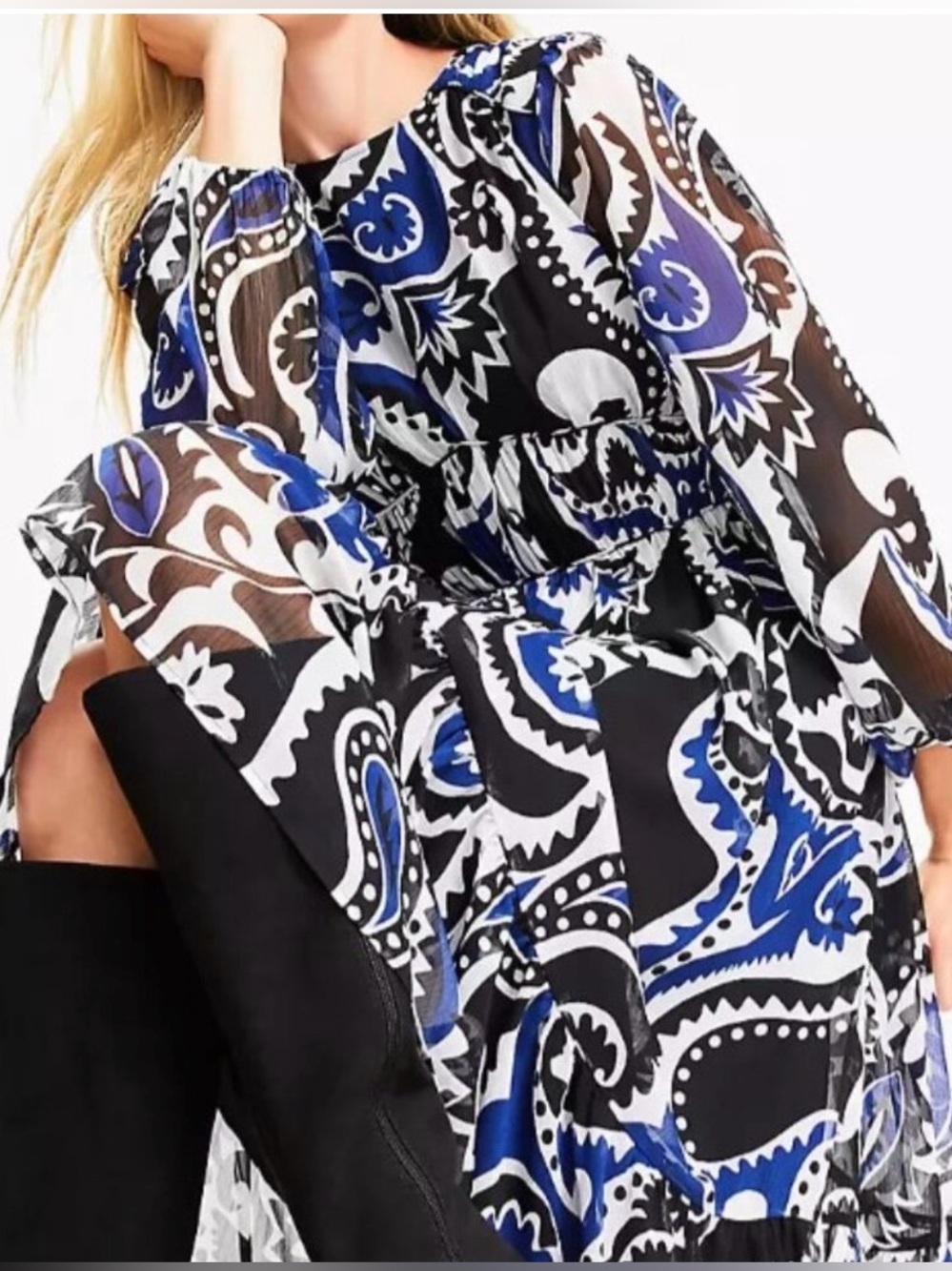LOFT Blue Black Midi Paisley-Print Floral Women's Size 10
